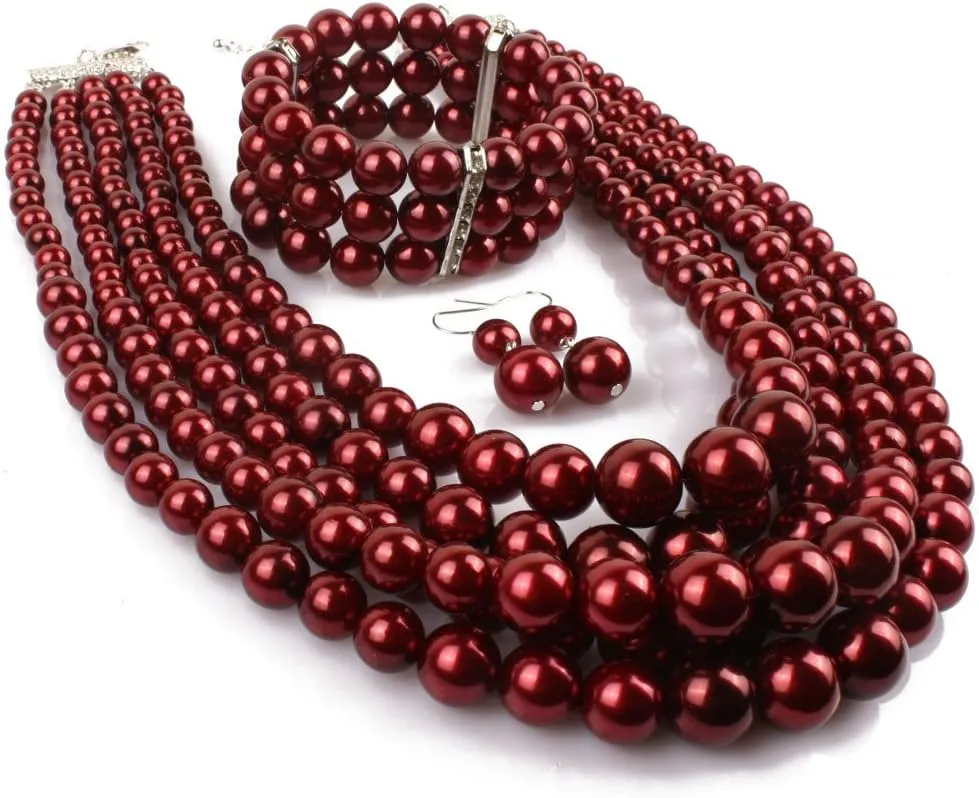 Exaggerated Imitation pearl multi-layer Necklace bracelet earring Large pearl necklace Wedding jewelry set for Women's and girls giftsMulticolor optional