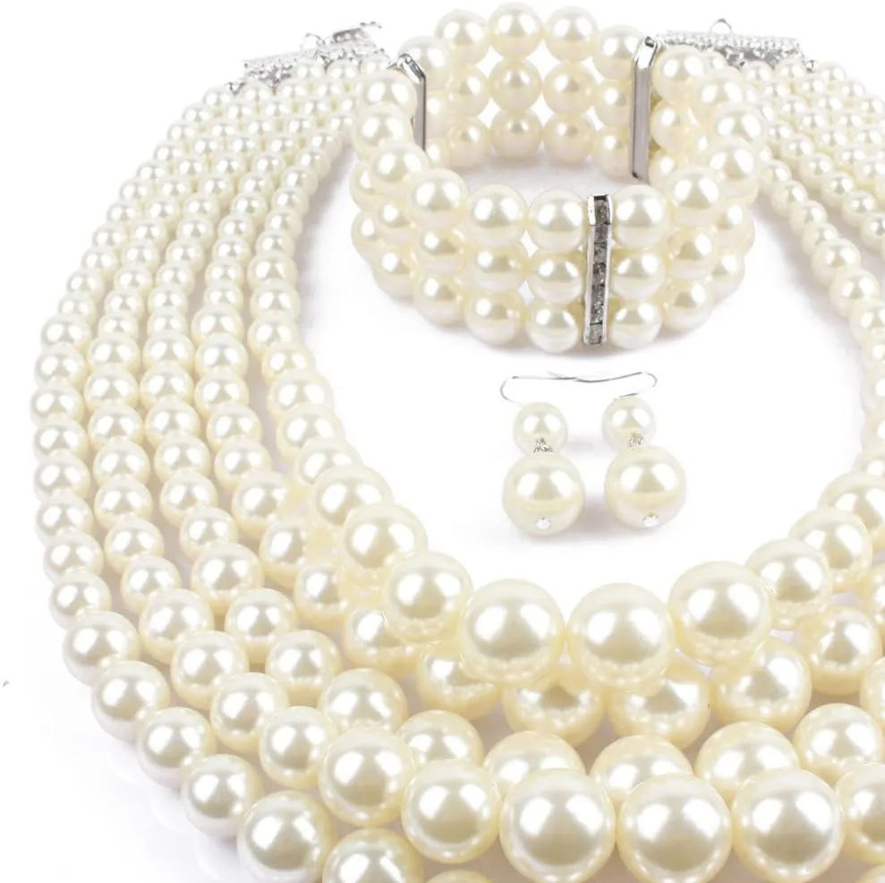 Exaggerated Imitation pearl multi-layer Necklace bracelet earring Large pearl necklace Wedding jewelry set for Women's and girls giftsMulticolor optional