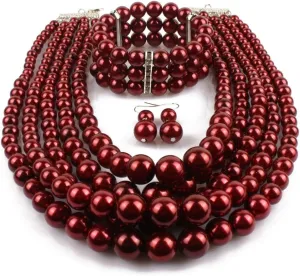 Exaggerated Imitation pearl multi-layer Necklace bracelet earring Large pearl necklace Wedding jewelry set for Women's and girls giftsMulticolor optional
