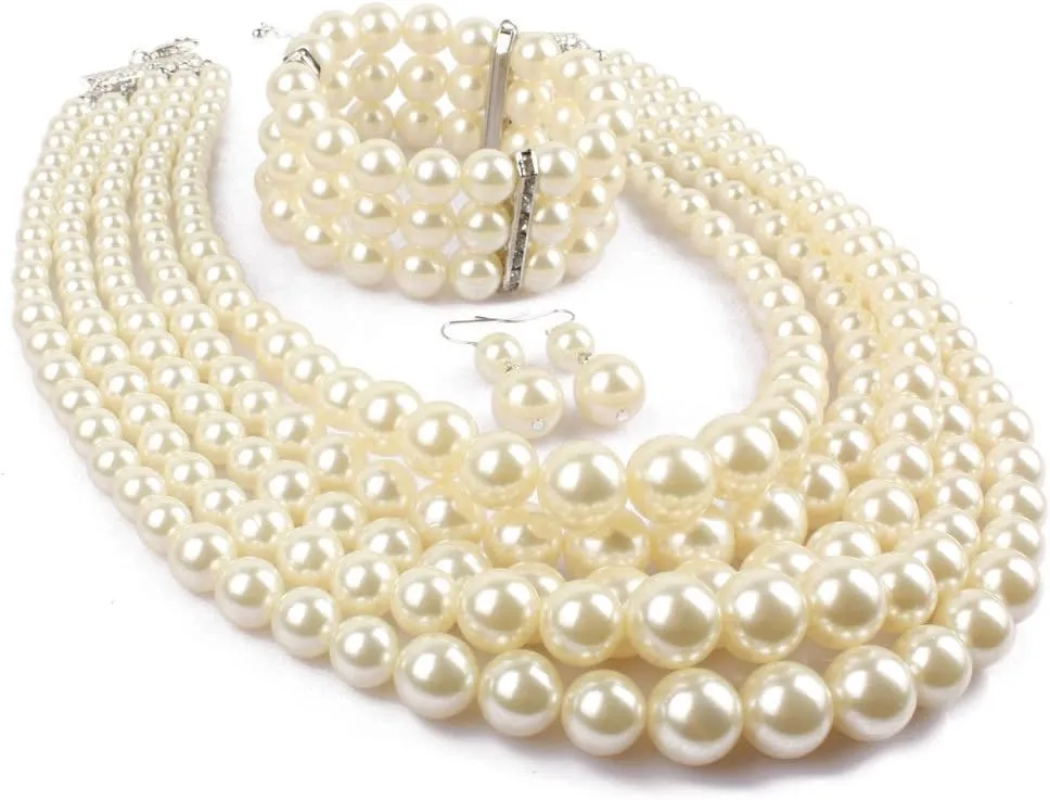 Exaggerated Imitation pearl multi-layer Necklace bracelet earring Large pearl necklace Wedding jewelry set for Women's and girls giftsMulticolor optional