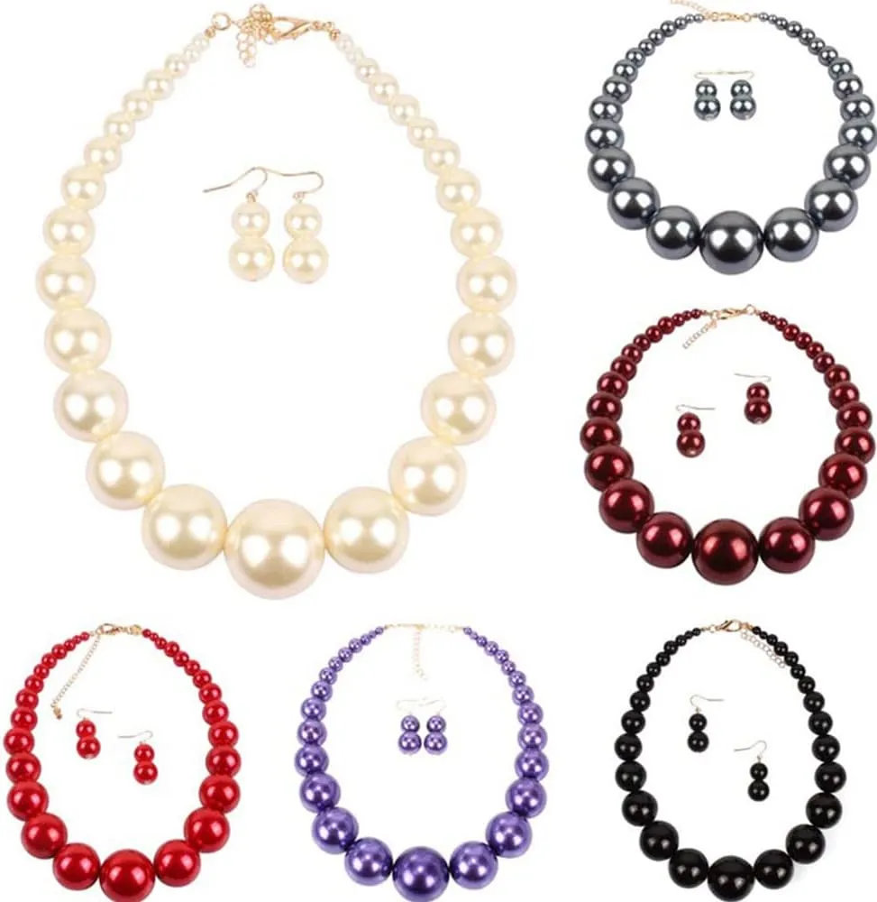 Exaggerated Imitation pearl Necklace Drop Dangle Earring jewelry set for Women's and girls gifts(Six -color optional)