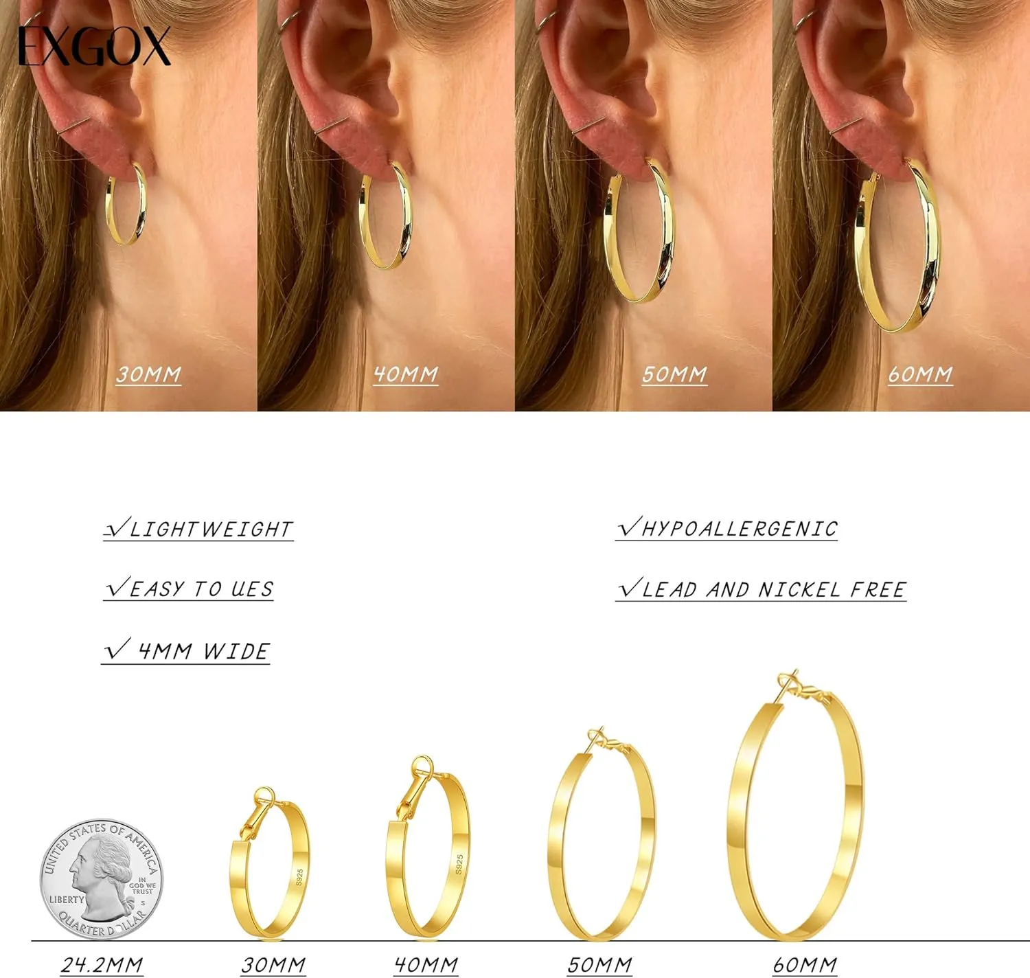 EXGOX Silver Hoop Earrings for Women - Sterling Silver & 14K Gold Plated - Hypoallergenic 925 Silver - Big Hoop Earrings (30/40/50/60/70mm)