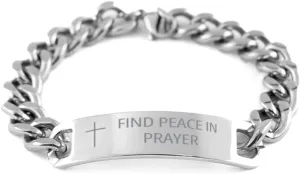 Faith Hope Love Cuban Chain Stainless Steel Bracelet - Find Peace In Prayer - Best Quote Cross Engraved Bracelet Confirmation Communion Baptism Birthday Christmas Gifts For Men Women
