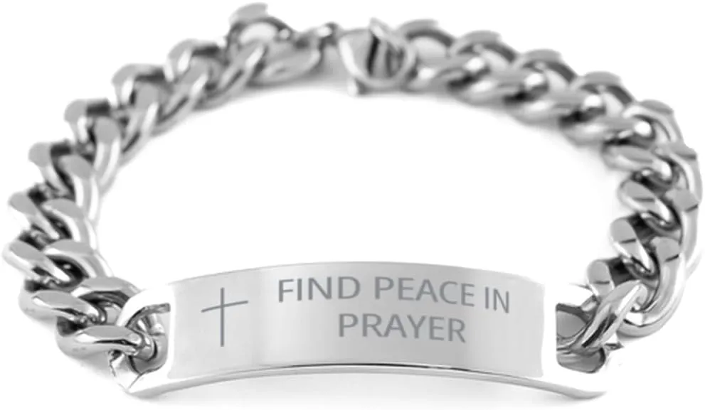 Faith Hope Love Cuban Chain Stainless Steel Bracelet - Find Peace In Prayer - Best Quote Cross Engraved Bracelet Confirmation Communion Baptism Birthday Christmas Gifts For Men Women