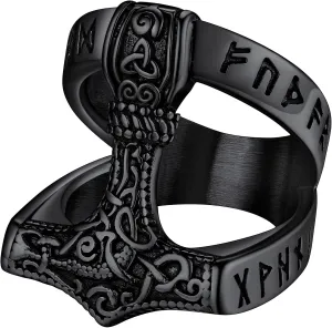 FaithHeart Norse Viking Jewelry Mens Stainless Steel Vikings Thor's Hammer/Wolf Head Ring Valknut Warrior's Gothic Jewelry-Personalized Engrave