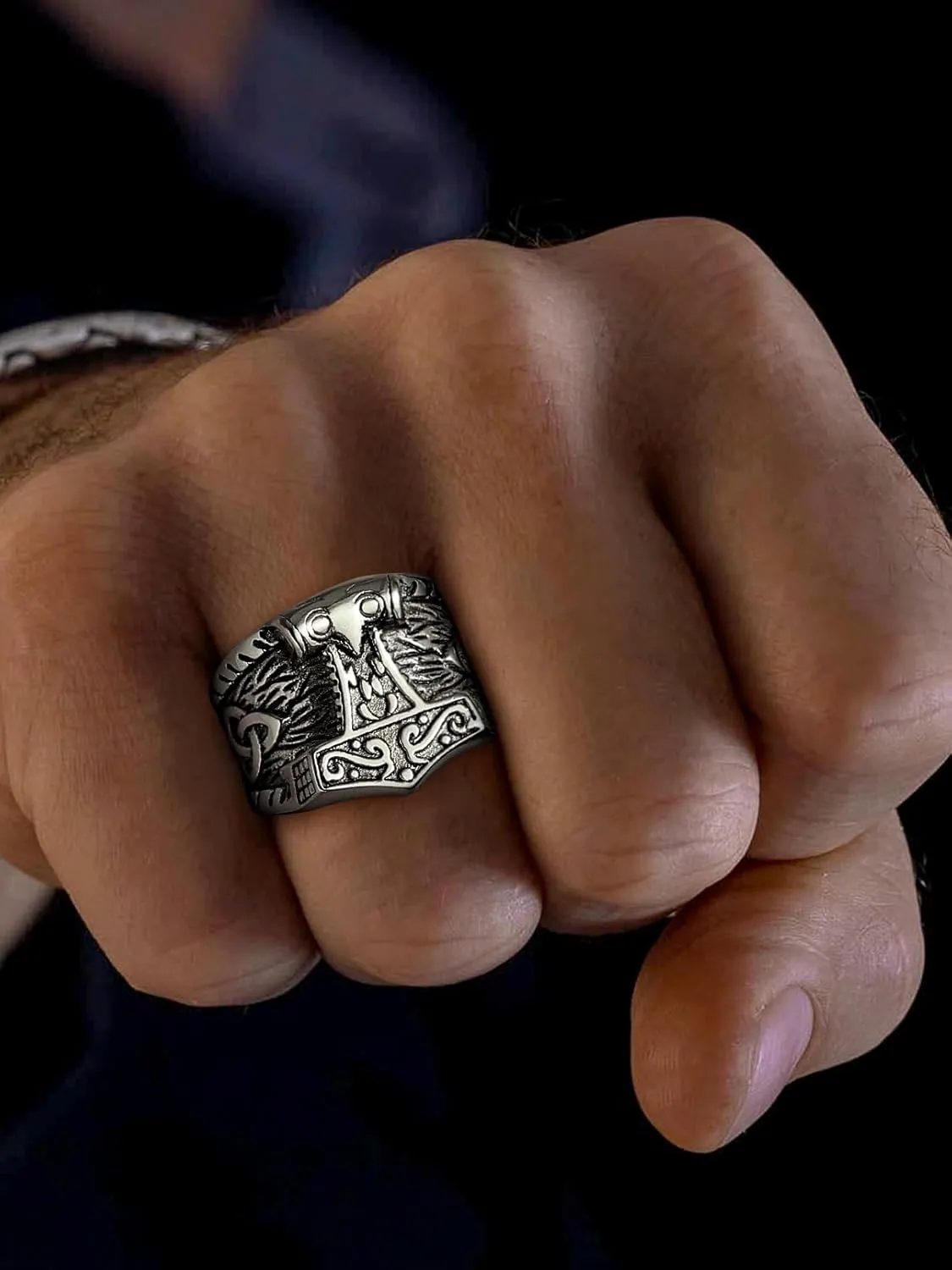 FaithHeart Norse Viking Jewelry Mens Stainless Steel Vikings Thor's Hammer/Wolf Head Ring Valknut Warrior's Gothic Jewelry-Personalized Engrave