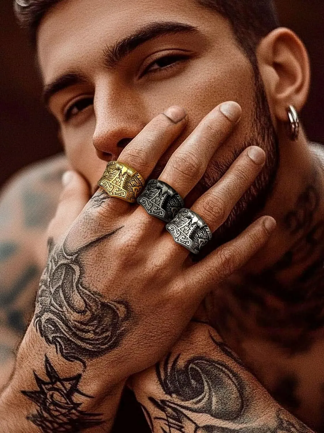 FaithHeart Norse Viking Jewelry Mens Stainless Steel Vikings Thor's Hammer/Wolf Head Ring Valknut Warrior's Gothic Jewelry-Personalized Engrave