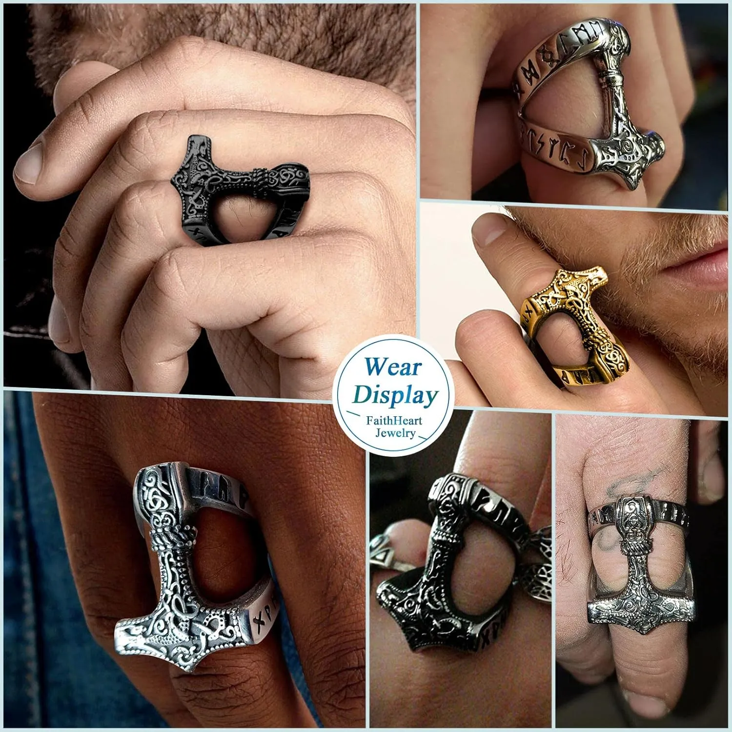 FaithHeart Norse Viking Jewelry Mens Stainless Steel Vikings Thor's Hammer/Wolf Head Ring Valknut Warrior's Gothic Jewelry-Personalized Engrave
