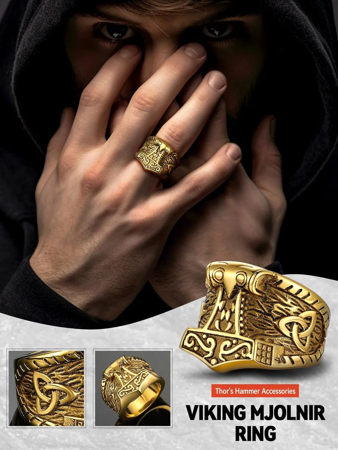FaithHeart Norse Viking Jewelry Mens Stainless Steel Vikings Thor's Hammer/Wolf Head Ring Valknut Warrior's Gothic Jewelry-Personalized Engrave