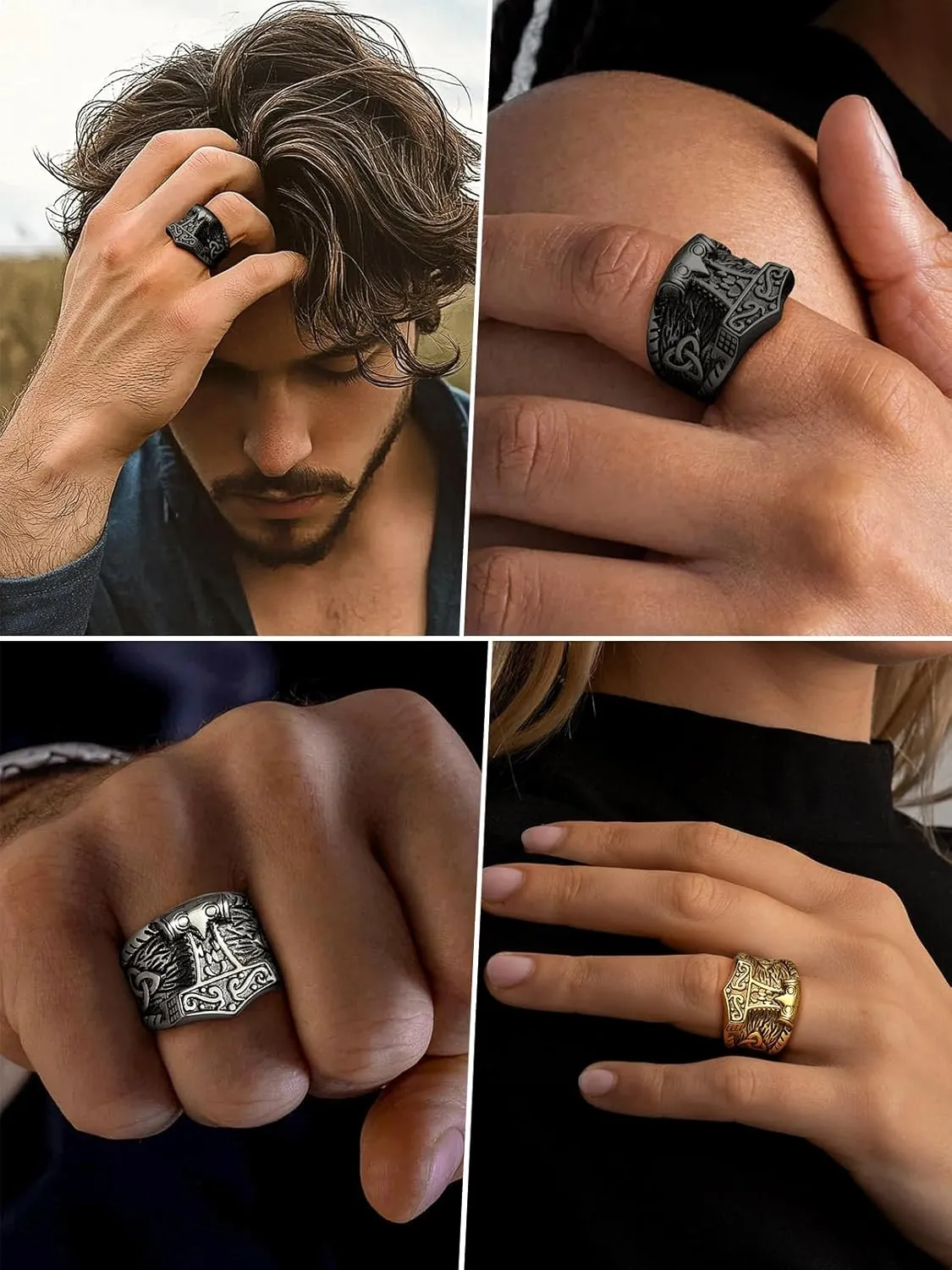 FaithHeart Norse Viking Jewelry Mens Stainless Steel Vikings Thor's Hammer/Wolf Head Ring Valknut Warrior's Gothic Jewelry-Personalized Engrave