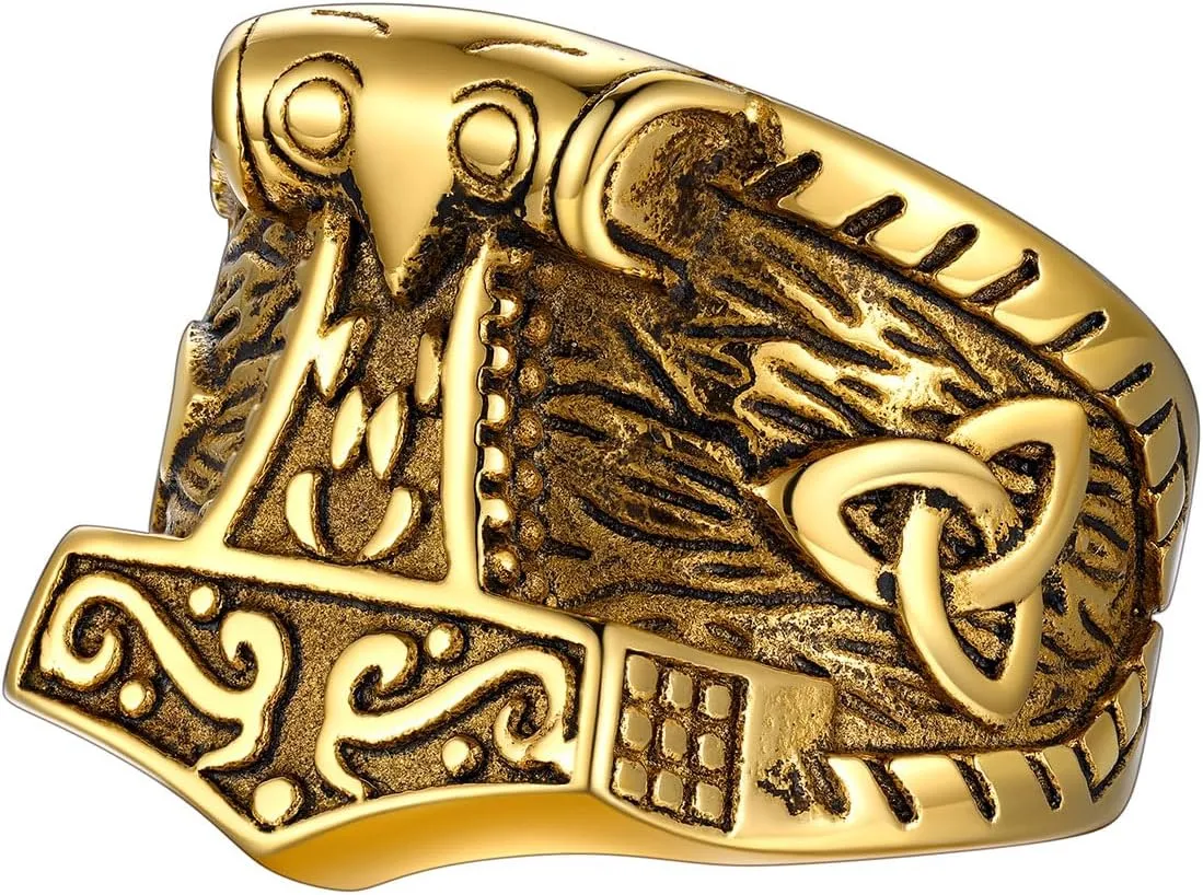 FaithHeart Norse Viking Jewelry Mens Stainless Steel Vikings Thor's Hammer/Wolf Head Ring Valknut Warrior's Gothic Jewelry-Personalized Engrave
