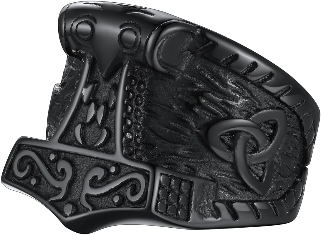 FaithHeart Norse Viking Jewelry Mens Stainless Steel Vikings Thor's Hammer/Wolf Head Ring Valknut Warrior's Gothic Jewelry-Personalized Engrave