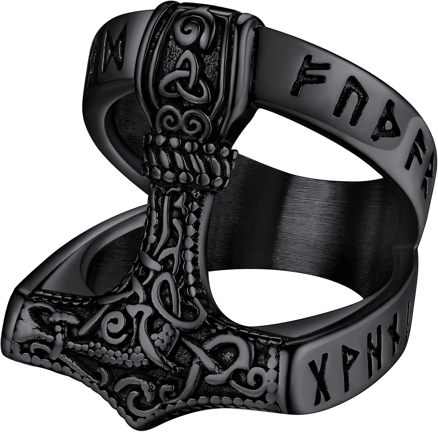 FaithHeart Norse Viking Jewelry Mens Stainless Steel Vikings Thor's Hammer/Wolf Head Ring Valknut Warrior's Gothic Jewelry-Personalized Engrave