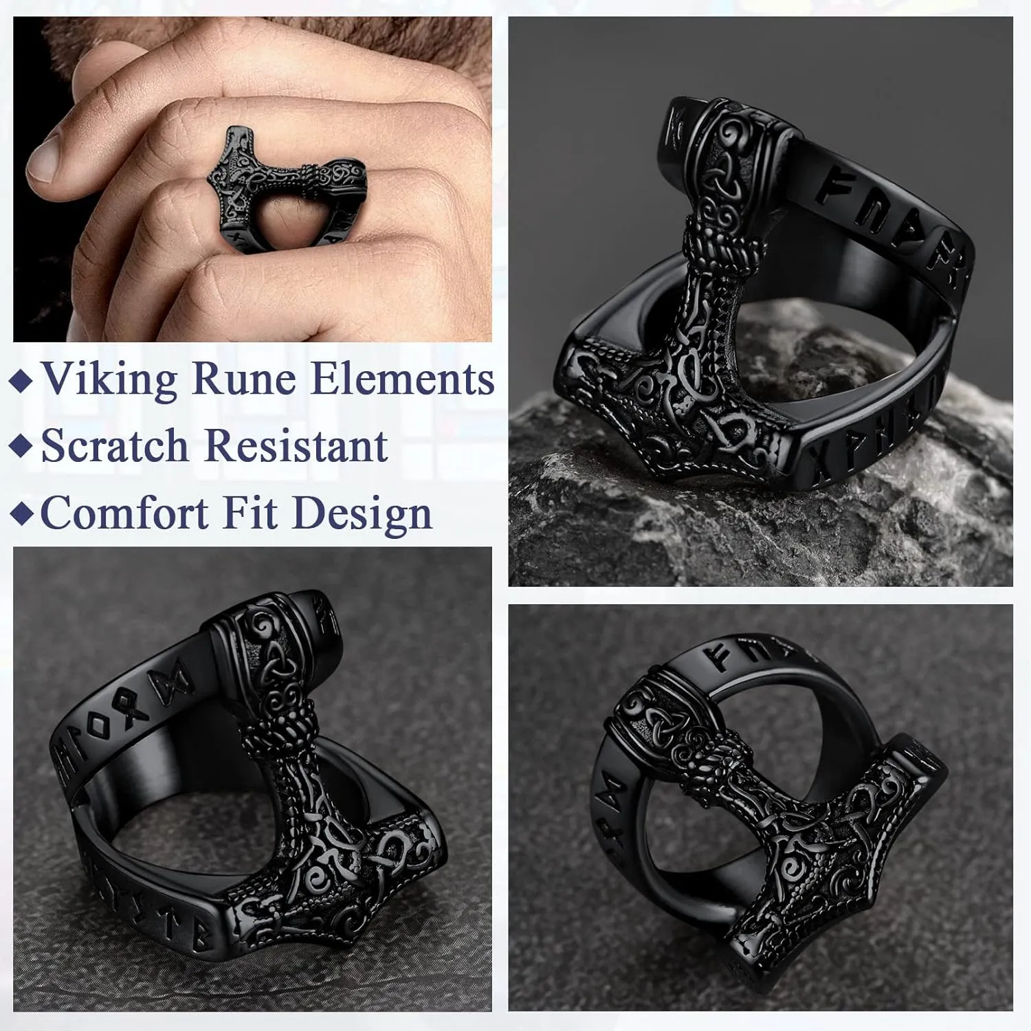 FaithHeart Norse Viking Jewelry Mens Stainless Steel Vikings Thor's Hammer/Wolf Head Ring Valknut Warrior's Gothic Jewelry-Personalized Engrave
