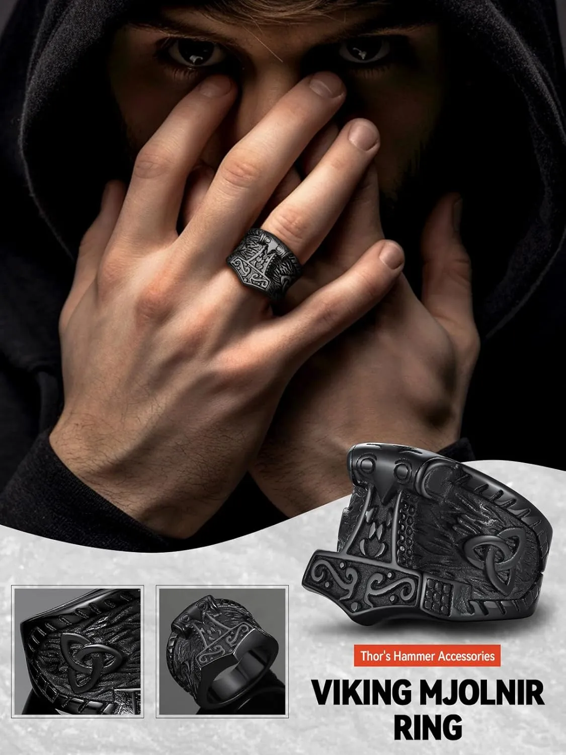FaithHeart Norse Viking Jewelry Mens Stainless Steel Vikings Thor's Hammer/Wolf Head Ring Valknut Warrior's Gothic Jewelry-Personalized Engrave