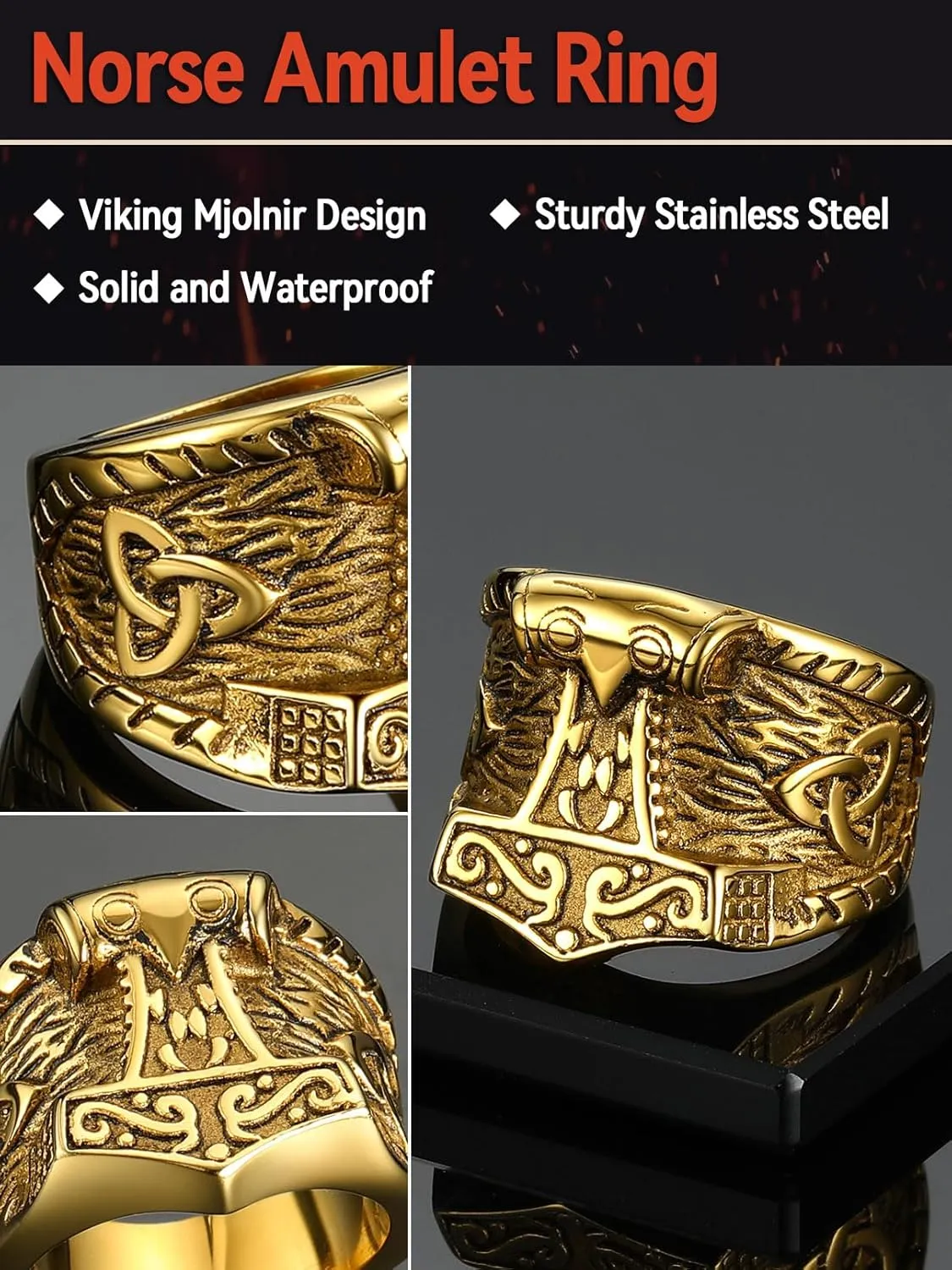 FaithHeart Norse Viking Jewelry Mens Stainless Steel Vikings Thor's Hammer/Wolf Head Ring Valknut Warrior's Gothic Jewelry-Personalized Engrave