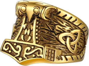 FaithHeart Norse Viking Jewelry Mens Stainless Steel Vikings Thor's Hammer/Wolf Head Ring Valknut Warrior's Gothic Jewelry-Personalized Engrave