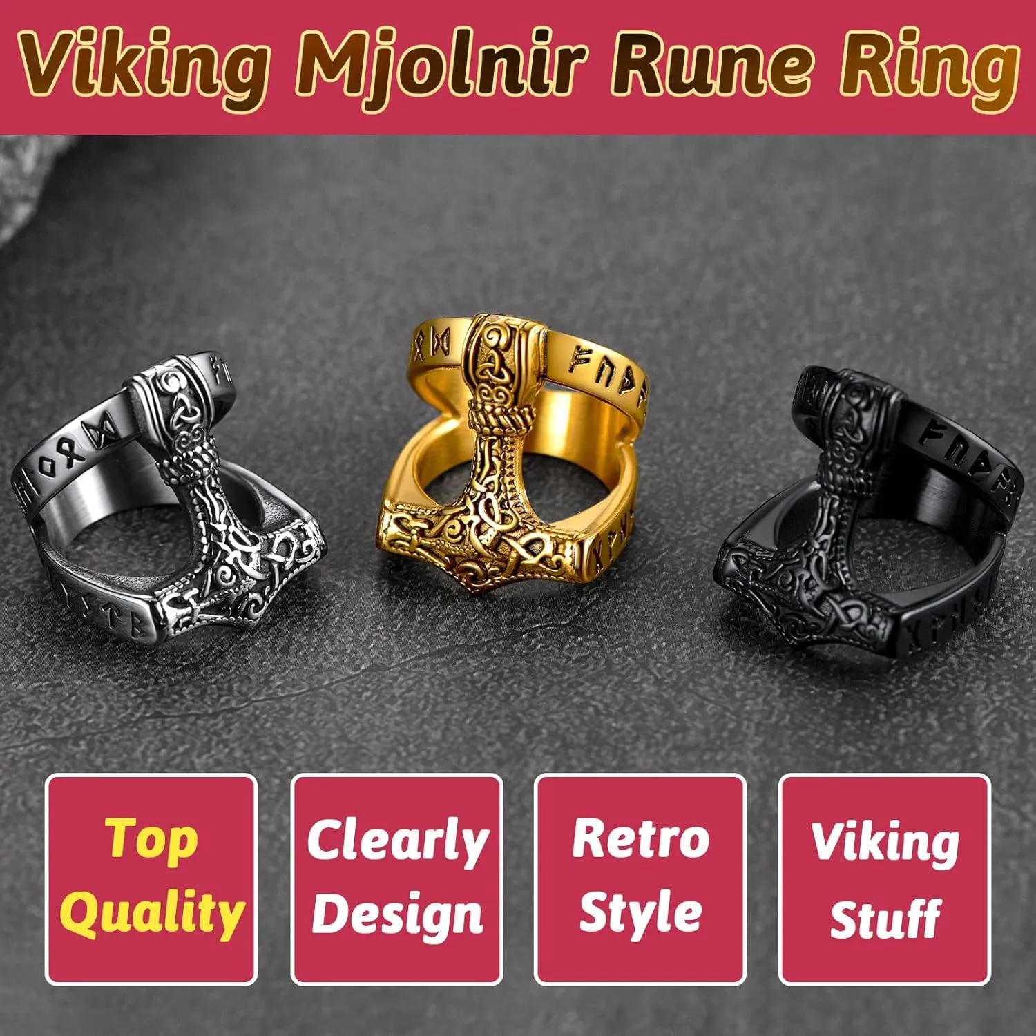 FaithHeart Norse Viking Jewelry Mens Stainless Steel Vikings Thor's Hammer/Wolf Head Ring Valknut Warrior's Gothic Jewelry-Personalized Engrave