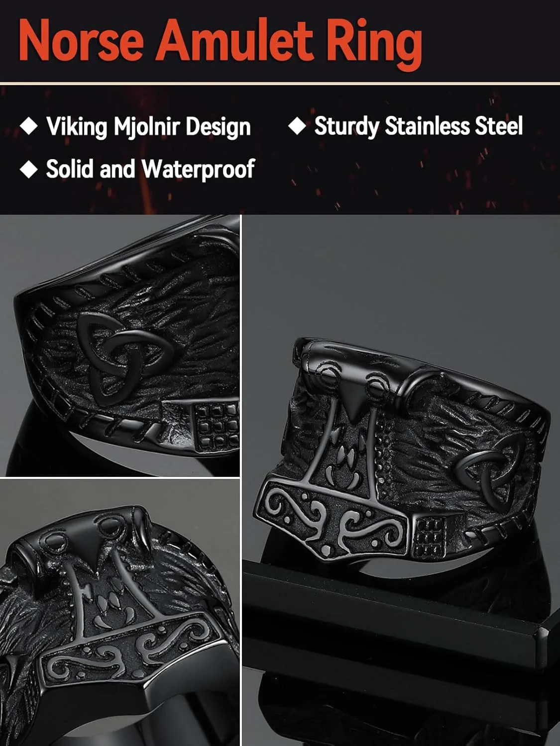 FaithHeart Norse Viking Jewelry Mens Stainless Steel Vikings Thor's Hammer/Wolf Head Ring Valknut Warrior's Gothic Jewelry-Personalized Engrave