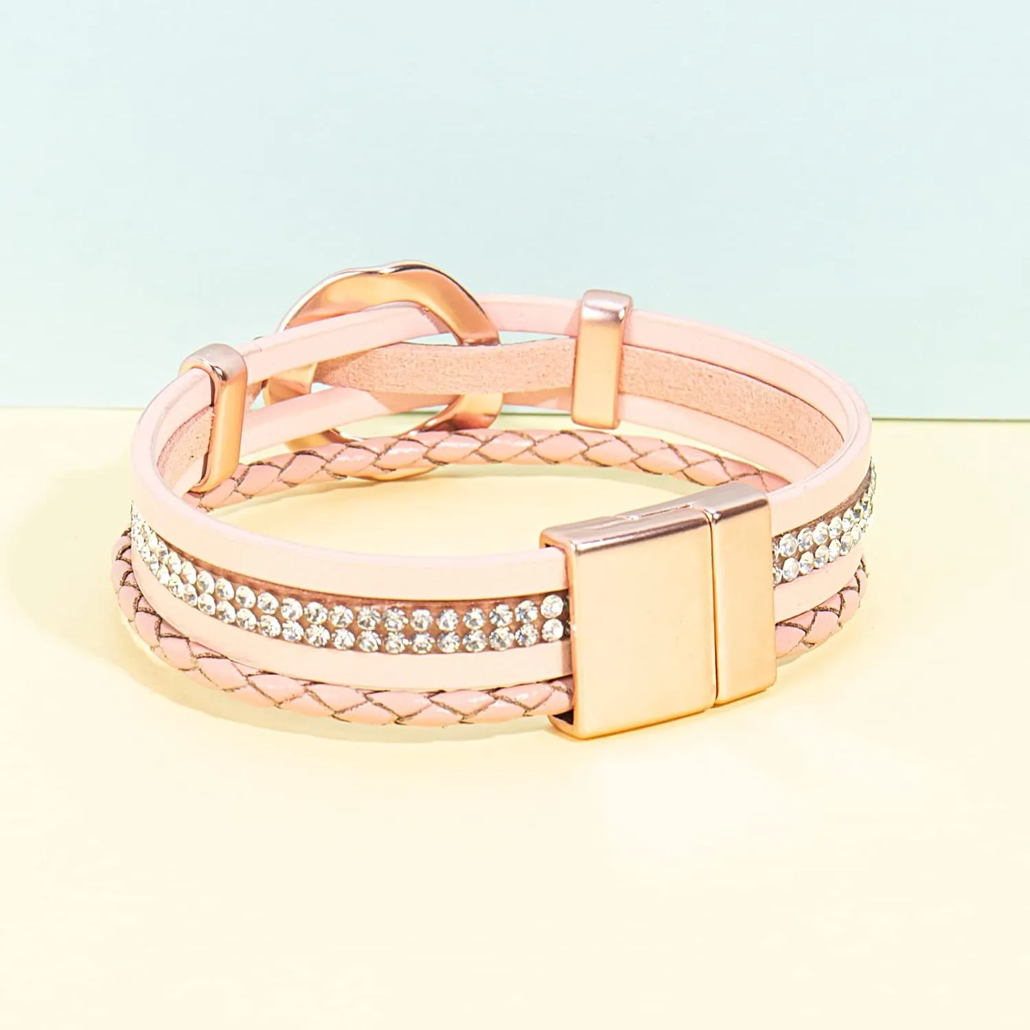 FANCY SHINY Leather Cuff Bracelet Circle Rhinestone Wrap Bracelet Stackable Multi Layer Wristband with Clasp Boho Jewelry Gift for Women