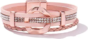 FANCY SHINY Leather Cuff Bracelet Circle Rhinestone Wrap Bracelet Stackable Multi Layer Wristband with Clasp Boho Jewelry Gift for Women