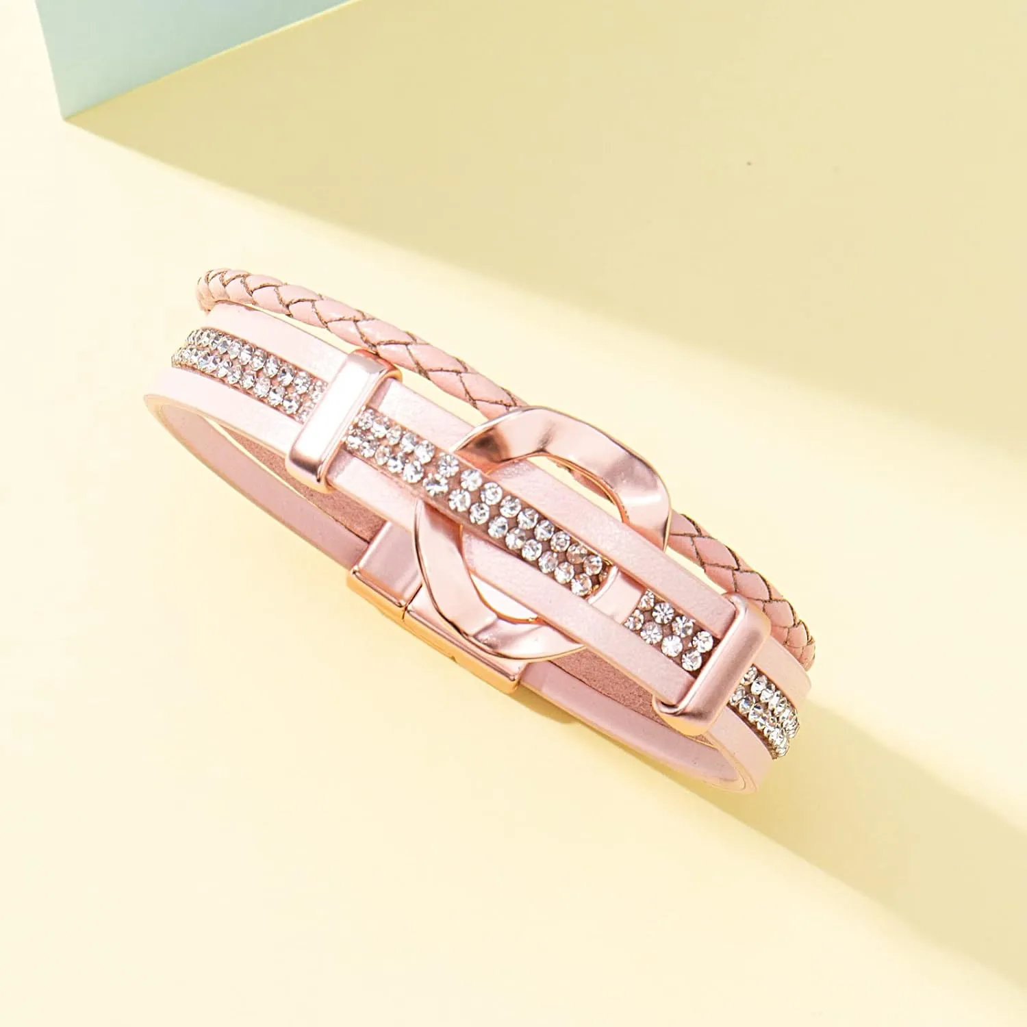 FANCY SHINY Leather Cuff Bracelet Circle Rhinestone Wrap Bracelet Stackable Multi Layer Wristband with Clasp Boho Jewelry Gift for Women