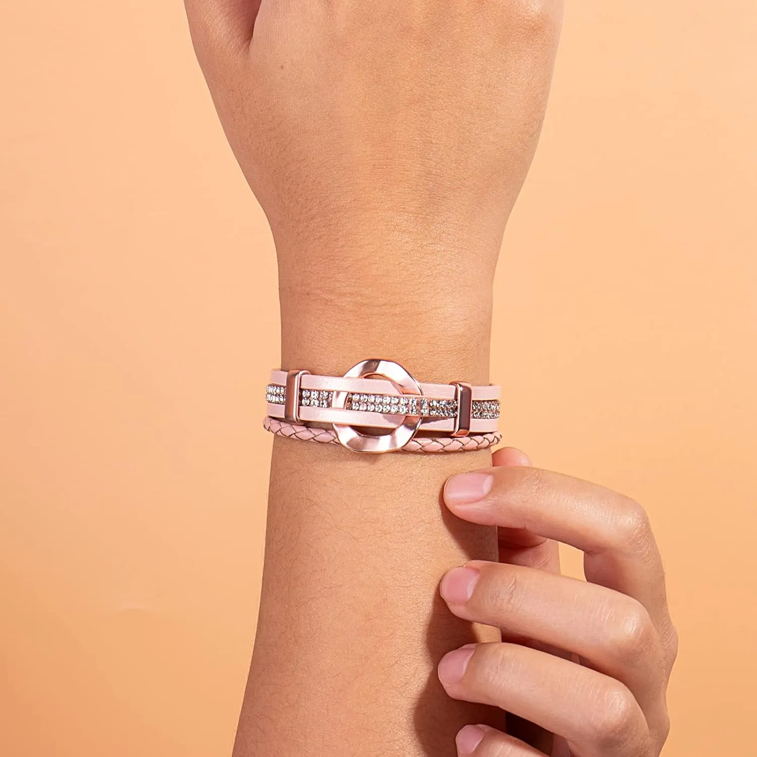 FANCY SHINY Leather Cuff Bracelet Circle Rhinestone Wrap Bracelet Stackable Multi Layer Wristband with Clasp Boho Jewelry Gift for Women