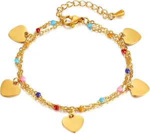 Fashion Colorful 18K Gold Plated Stainless Steel Hearts Charm Link Chain Bracelet