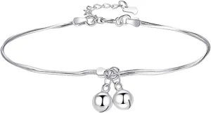 Fashion Double Bell Anklet Foot Rope for Women 925 Sterling Silver Ankle Bracelets Cute Boho Bell Charm Chain Beach Layered Anklet Adjustable Size Jewelry Gift for Her