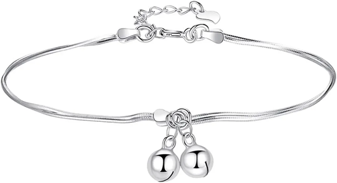 Fashion Double Bell Anklet Foot Rope for Women 925 Sterling Silver Ankle Bracelets Cute Boho Bell Charm Chain Beach Layered Anklet Adjustable Size Jewelry Gift for Her