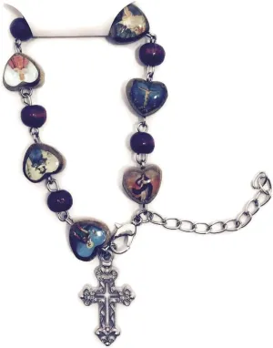 Fashion Jewelry Rosary Bracelet, Wood Heart Prayer Beads Bracelet with Silver Metal Cross