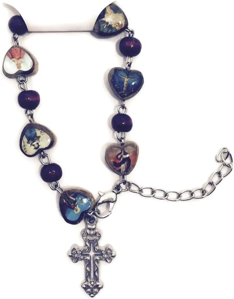 Fashion Jewelry Rosary Bracelet, Wood Heart Prayer Beads Bracelet with Silver Metal Cross