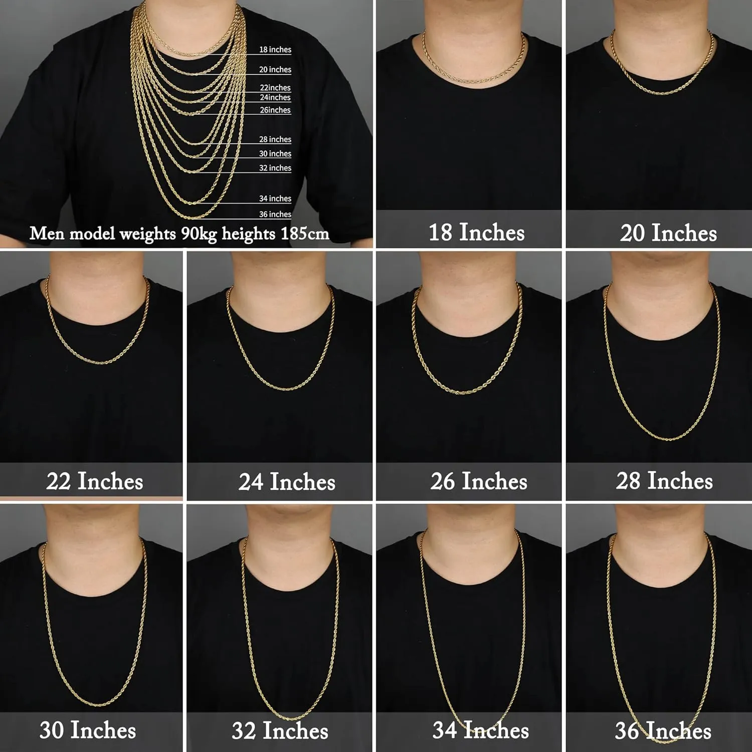Father's Day Gifts 18k Real Gold Plated Rope Chain 1.5mm 2.5mm 5mm Stainless Steel Twist Chain Necklace for Men Women 16 Inches 36 Inches