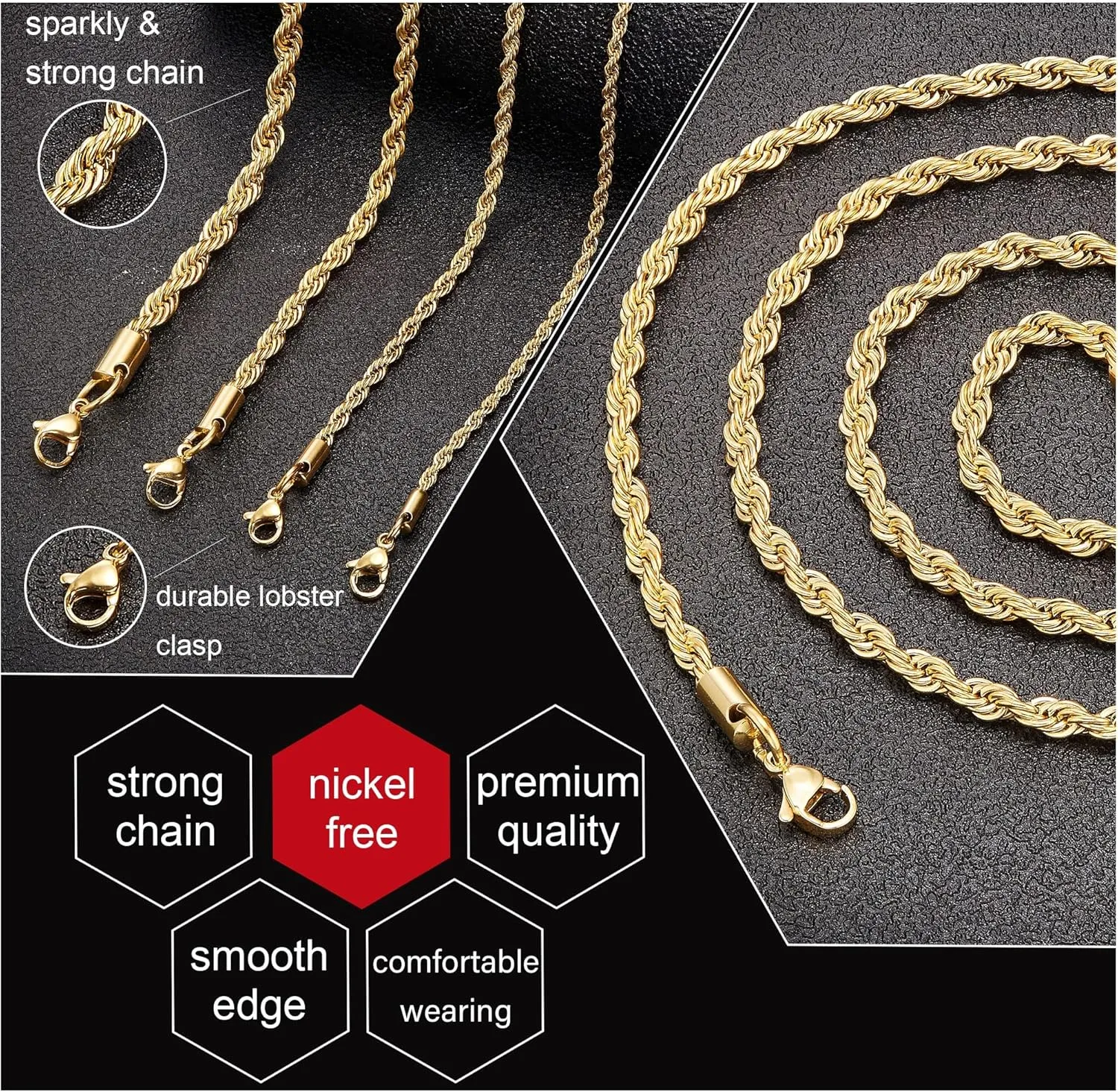 Father's Day Gifts 18k Real Gold Plated Rope Chain 1.5mm 2.5mm 5mm Stainless Steel Twist Chain Necklace for Men Women 16 Inches 36 Inches