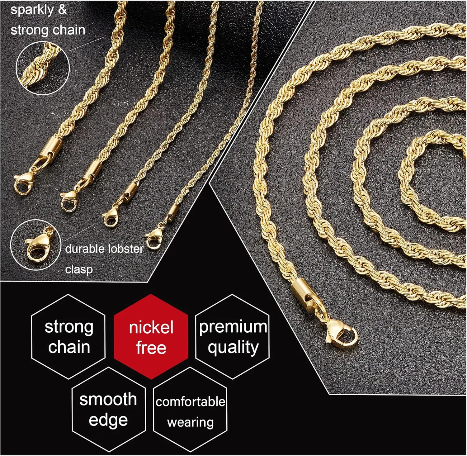 Father's Day Gifts 18k Real Gold Plated Rope Chain 1.5mm 2.5mm 5mm Stainless Steel Twist Chain Necklace for Men Women 16 Inches 36 Inches