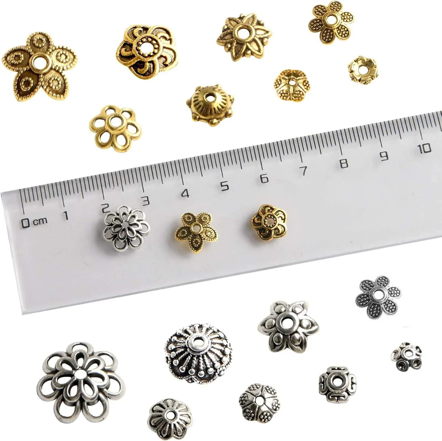 FEBSNOW About 160Pcs Spacer Beads Caps, Bali Style Mixed Tibetan Silver and Antique Gold Flower Bead Caps for Bracelet Necklace Earrings Jewelry Making Supplies