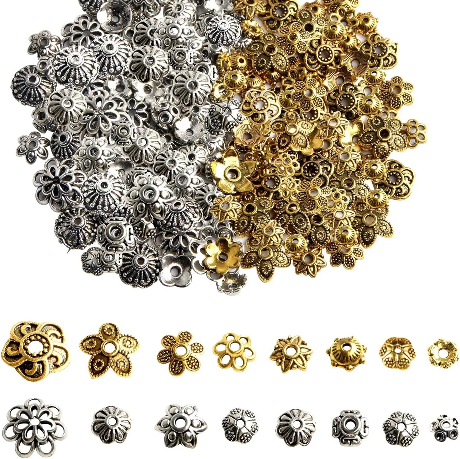 FEBSNOW About 160Pcs Spacer Beads Caps, Bali Style Mixed Tibetan Silver and Antique Gold Flower Bead Caps for Bracelet Necklace Earrings Jewelry Making Supplies