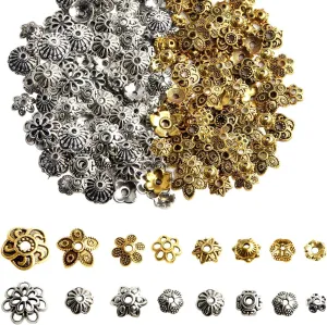 FEBSNOW About 160Pcs Spacer Beads Caps, Bali Style Mixed Tibetan Silver and Antique Gold Flower Bead Caps for Bracelet Necklace Earrings Jewelry Making Supplies