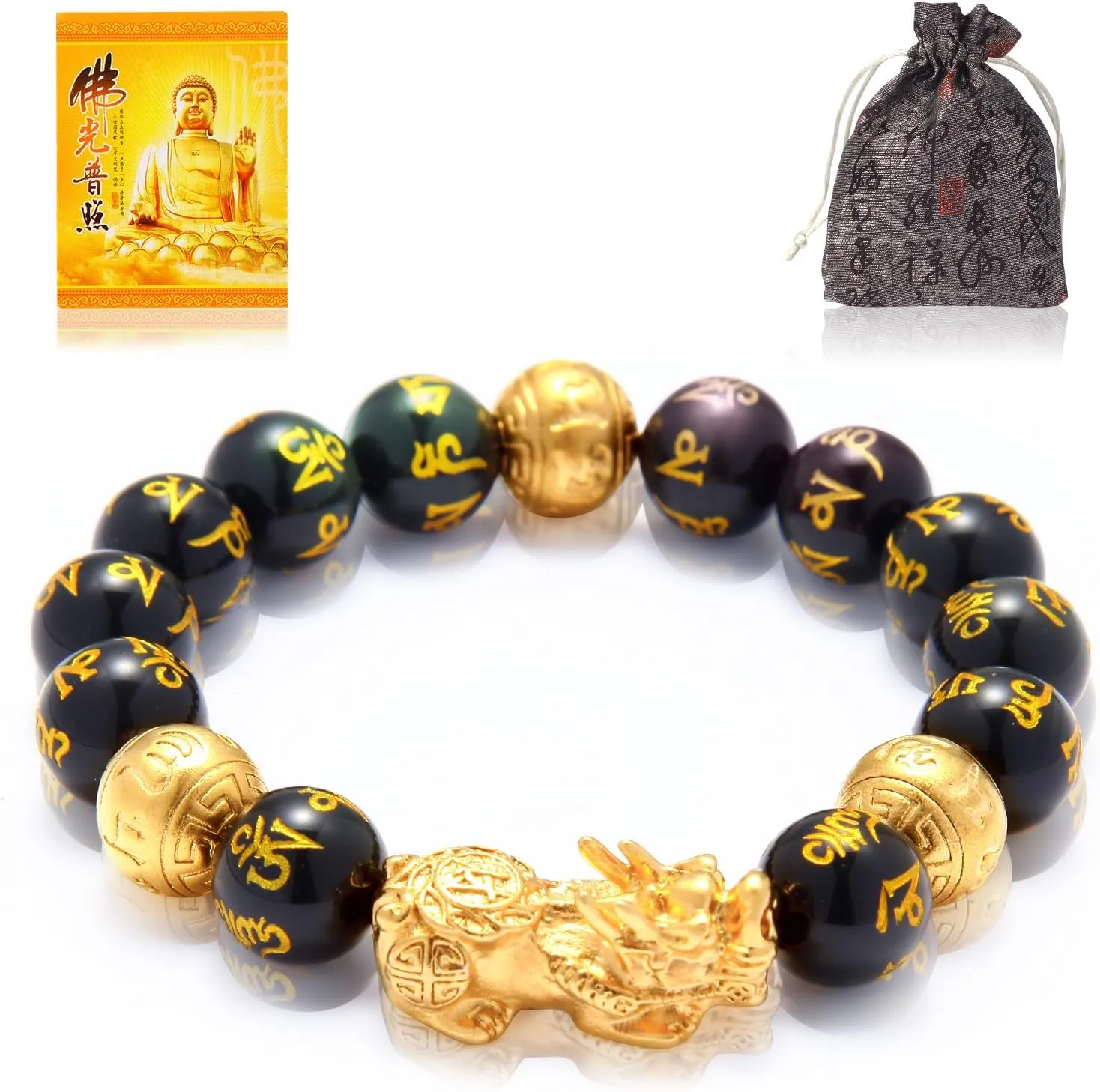 Feng Shui Bracelet 24K Gold Plated PiXiu Bracelet, Obsidian Dragon Protection Meditation Decompression Prayer Beads Lucky Wealth Bracelets for Men Women