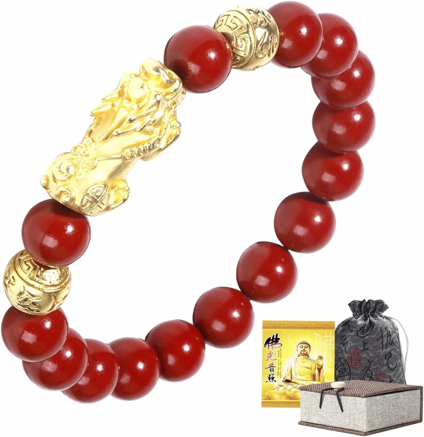 Feng Shui Bracelet 24k Gold Plated PiXiu Bracelets for Men Women, Red Cinnabar Bracelet Prayer Beads Dragon Protection Bracelet Jewelry Gifts Meaning to Attract Wealth and Good Luck(12mm)