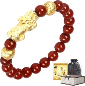 Feng Shui Bracelet 24k Gold Plated PiXiu Bracelets for Men Women, Red Cinnabar Bracelet Prayer Beads Dragon Protection Bracelet Jewelry Gifts Meaning to Attract Wealth and Good Luck(12mm)