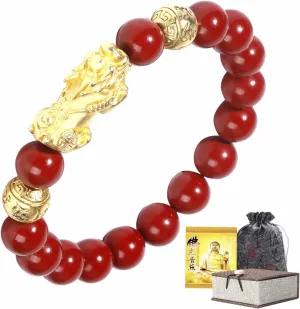 Feng Shui Bracelet 24k Gold Plated PiXiu Bracelets for Men Women, Red Cinnabar Bracelet Prayer Beads Dragon Protection Bracelet Jewelry Gifts Meaning to Attract Wealth and Good Luck(12mm)