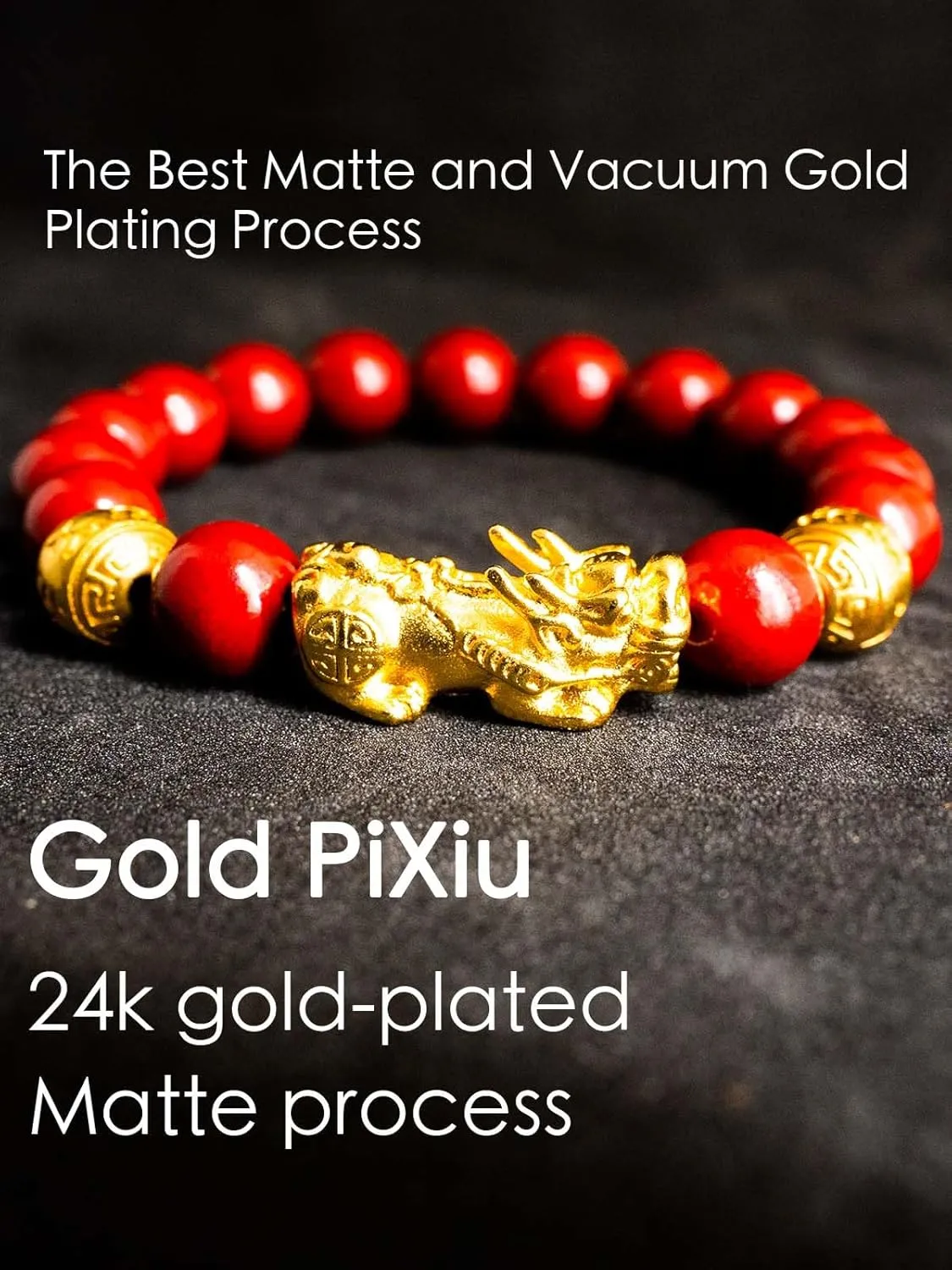 Feng Shui Bracelet 24k Gold Plated PiXiu Bracelets for Men Women, Red Cinnabar Bracelet Prayer Beads Dragon Protection Bracelet Jewelry Gifts Meaning to Attract Wealth and Good Luck(12mm)