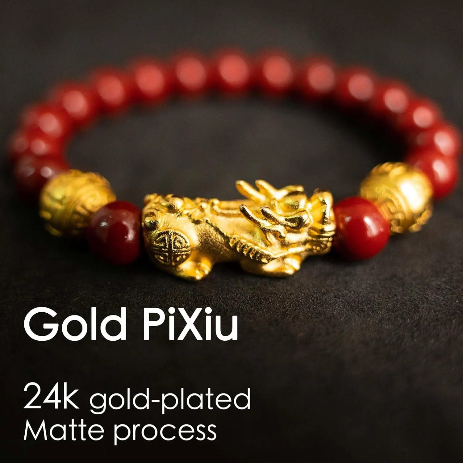 Feng Shui Bracelet 24k Gold Plated PiXiu Bracelets for Men Women, Red Cinnabar Bracelet Prayer Beads Dragon Protection Bracelet Jewelry Gifts Meaning to Attract Wealth and Good Luck(12mm)