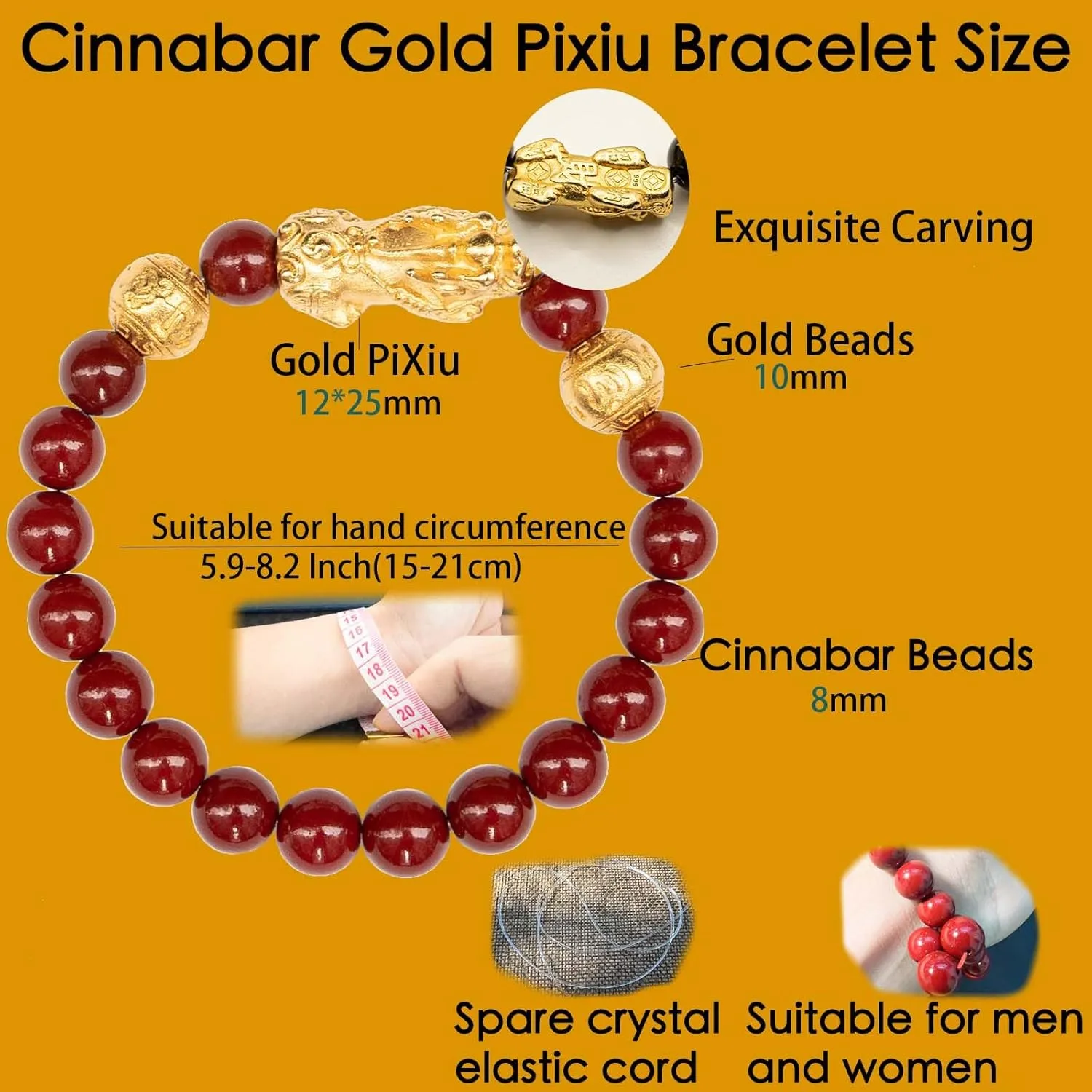 Feng Shui Bracelet 24k Gold Plated PiXiu Bracelets for Men Women, Red Cinnabar Bracelet Prayer Beads Dragon Protection Bracelet Jewelry Gifts Meaning to Attract Wealth and Good Luck(12mm)