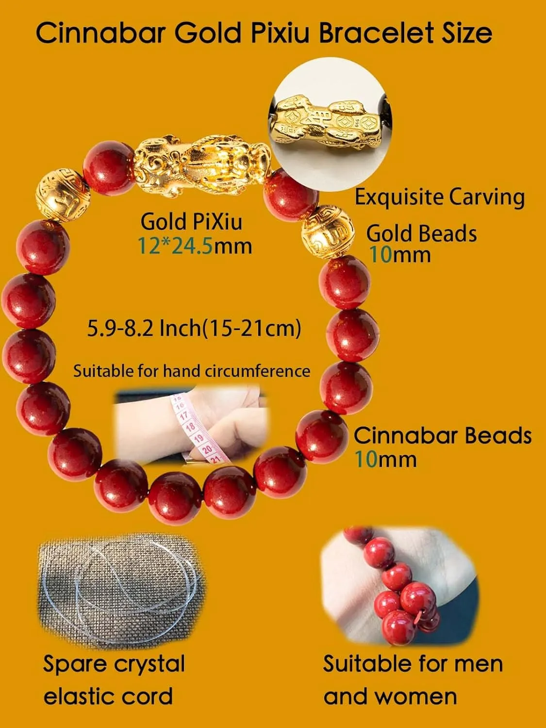 Feng Shui Bracelet 24k Gold Plated PiXiu Bracelets for Men Women, Red Cinnabar Bracelet Prayer Beads Dragon Protection Bracelet Jewelry Gifts Meaning to Attract Wealth and Good Luck(12mm)