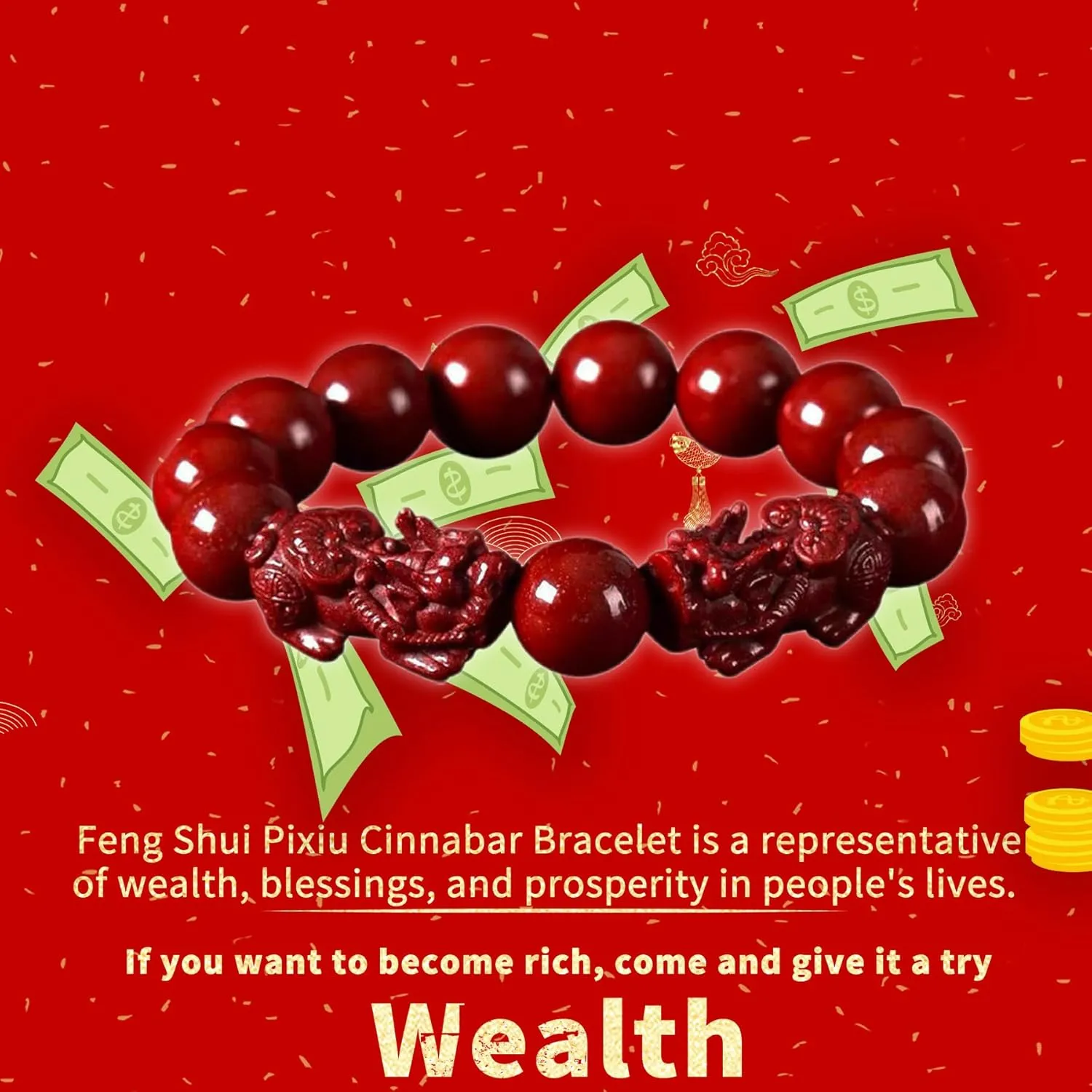 Feng Shui Pixiu Cinnabar Bracelet, Red Cinnabar Feng Shui Wealth Bracelet, Cinnabar Beads Bracelets Jewelry for Good Luck Women Men Amulet Jewelies