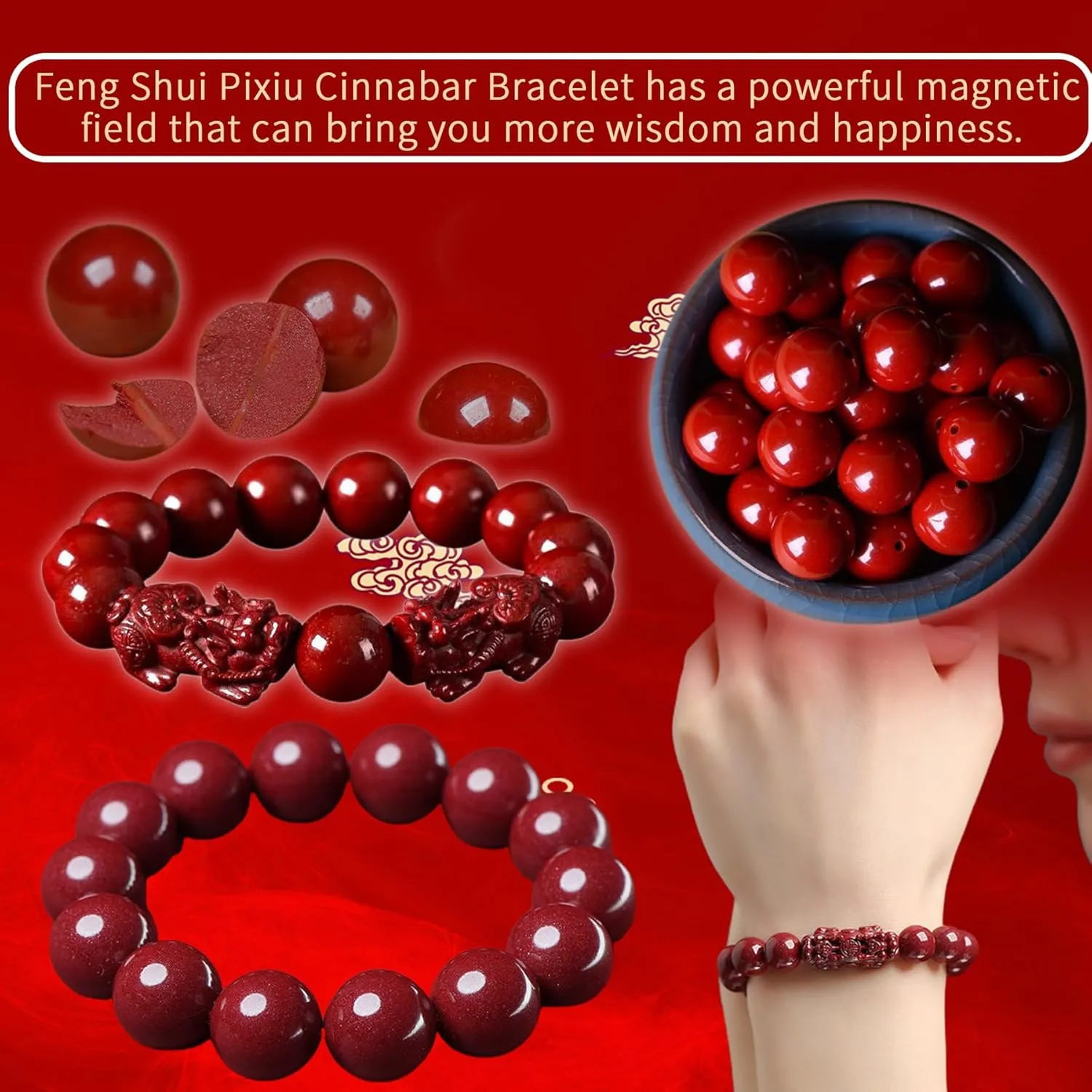 Feng Shui Pixiu Cinnabar Bracelet, Red Cinnabar Feng Shui Wealth Bracelet, Cinnabar Beads Bracelets Jewelry for Good Luck Women Men Amulet Jewelies