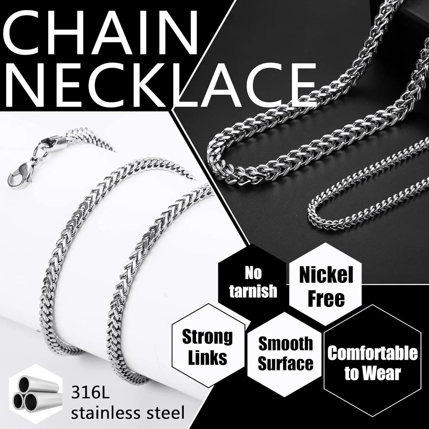 FIBO STEEL 3-6mm Curb Chain Necklace for Men Women Stainless Steel Biker Punk Style 18.0-30.0 inches Silver Black Gold Tone