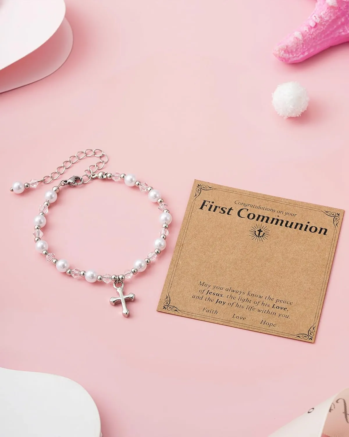 First Communion Gifts for Girls - Pearl Cross Bracelet for Girls First Holy Communion, Baptism, Confirmation Gifts for Teen Girls Granddaughter Daughter Niece